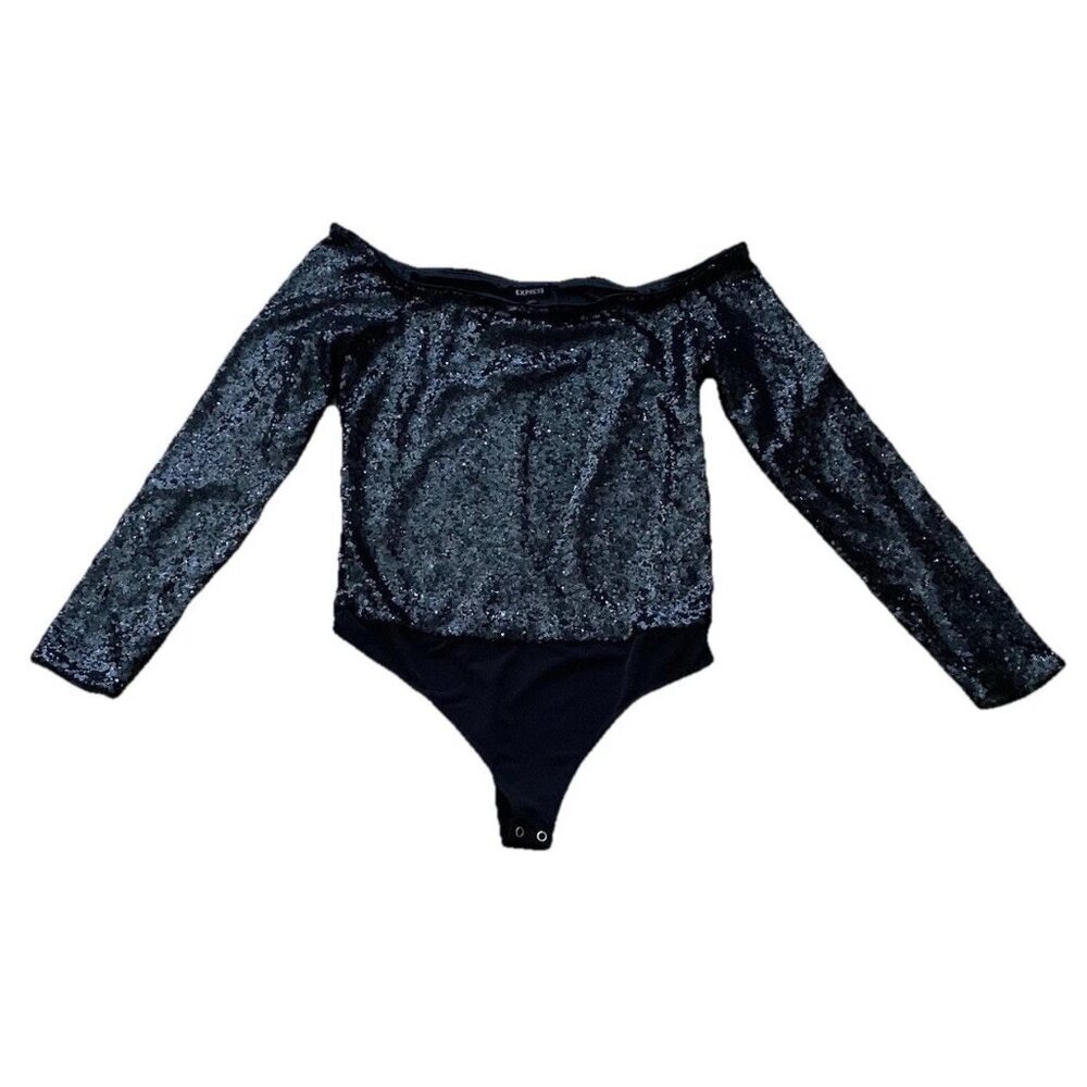 Express Women's Large Black Sequin Bodysuit Long Sleeves NWT